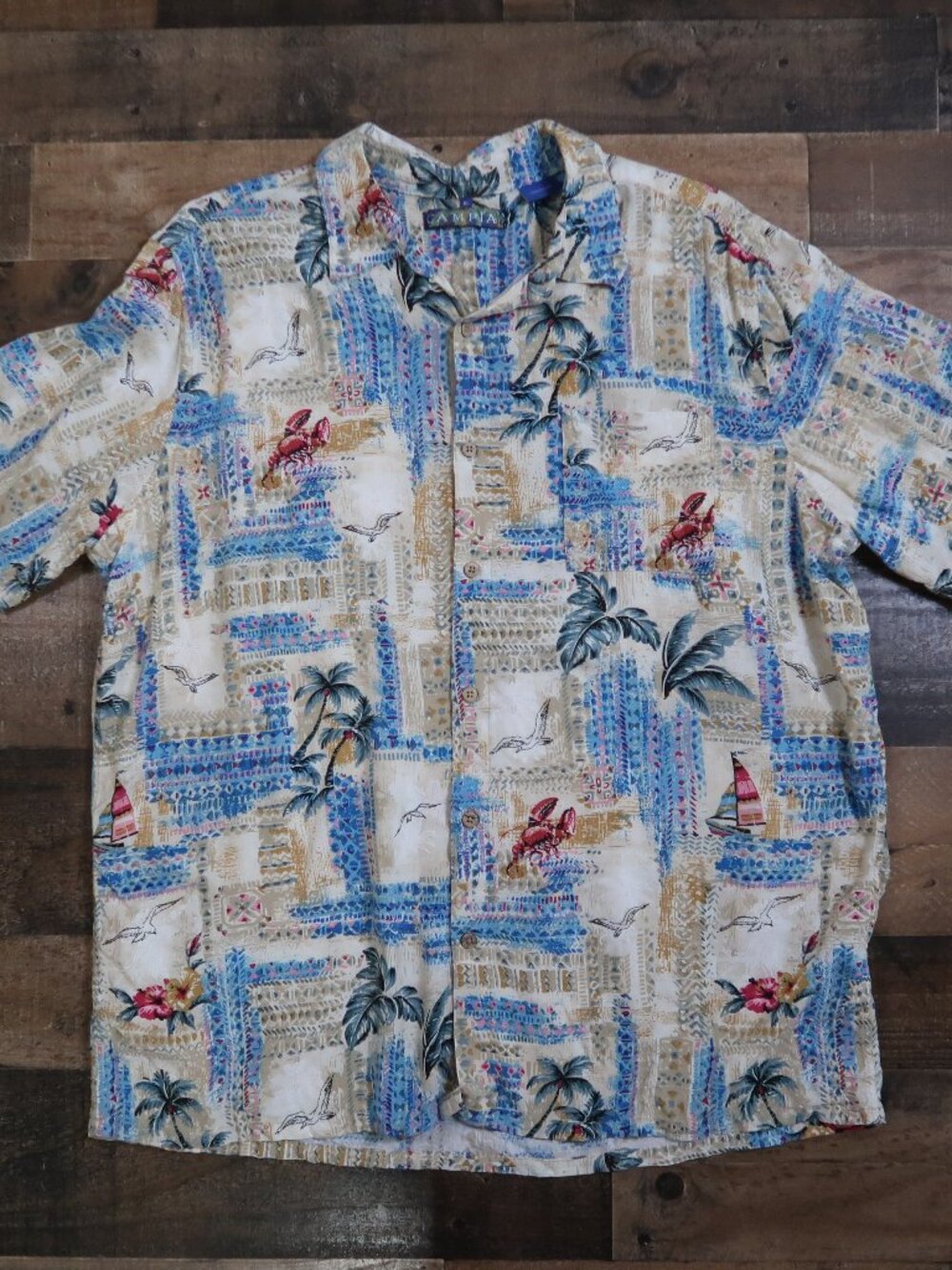 Campia Mens XL Hawaiian Collared Button Up Shirt Lobster Sailboat Tropical